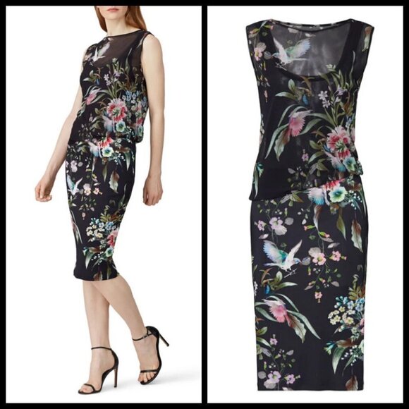 💕FUZZI💕 Navy Floral Sheath Dress 100% Viscose Crepe Large - Picture 2 of 16